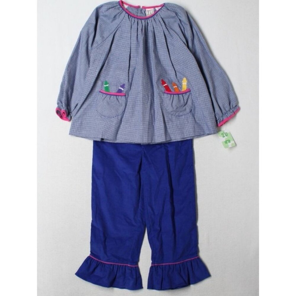 New Toddler Girl Zu Blue Gingham Crayon School Theme Corduroy Pants Set Size 4T